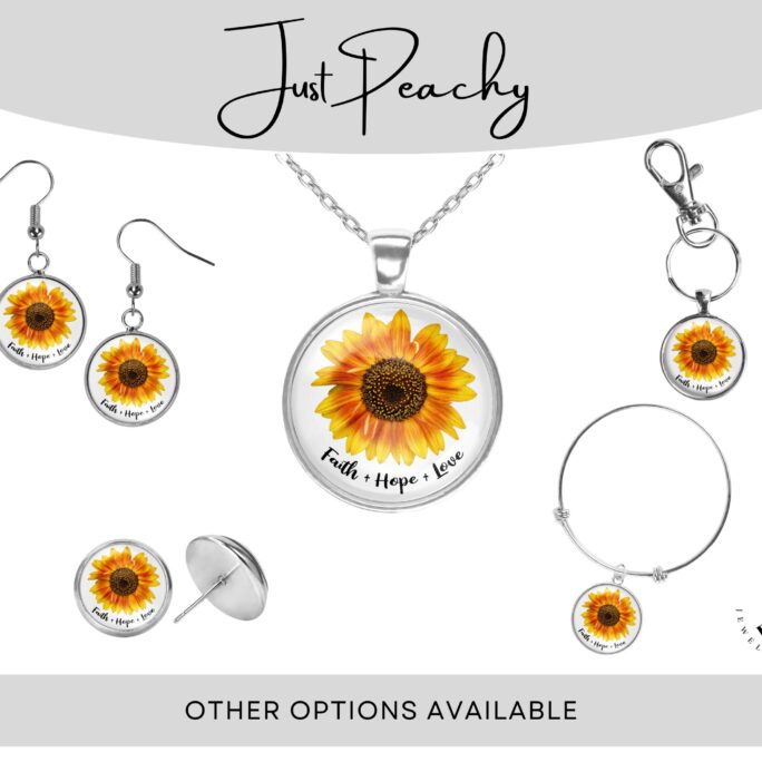 Faith Hope Love Sunflower Art Silver Jewelry Glass Pendant Necklace Large Option Earrings Bracelet Simple Floral Keychain Gift Idea