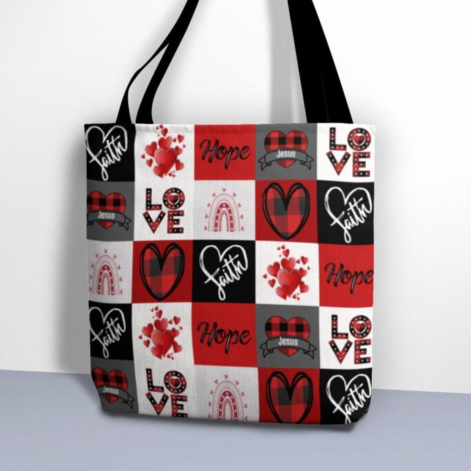 Faith Hope & Love Plaid Hearts Christian Tote Bag Jesus Valentine's Day
