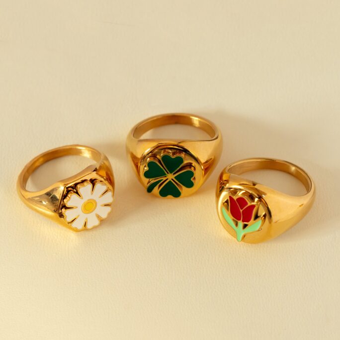 Gold Waterproof Clover Ring - Bold Thick Signet With Enamel Green Tarnish Resistant 18 Carat Plated Good Luck Jewellery Gift