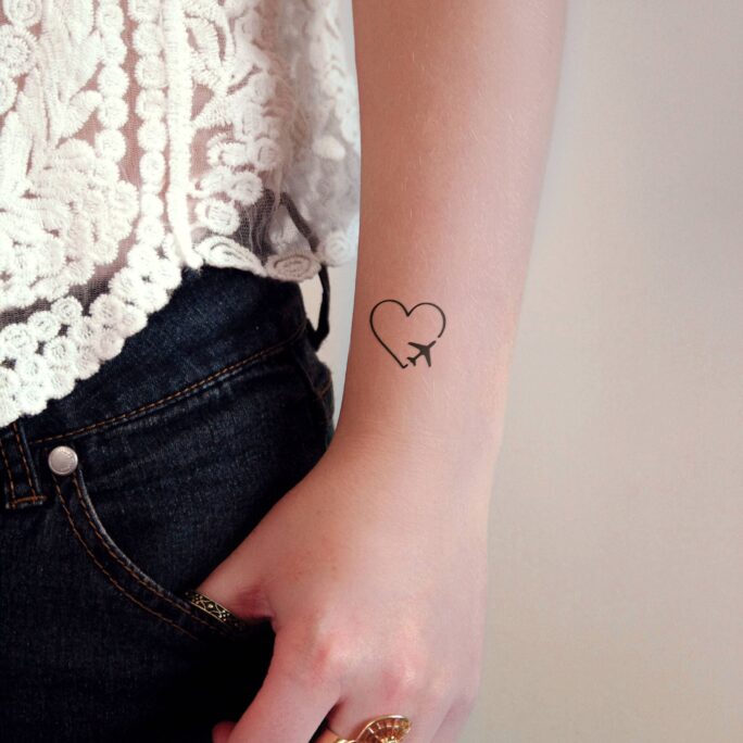 Heart With Plane Temporary Tattoo | Small Travel Tattoos Airplane Love Traveler Gift