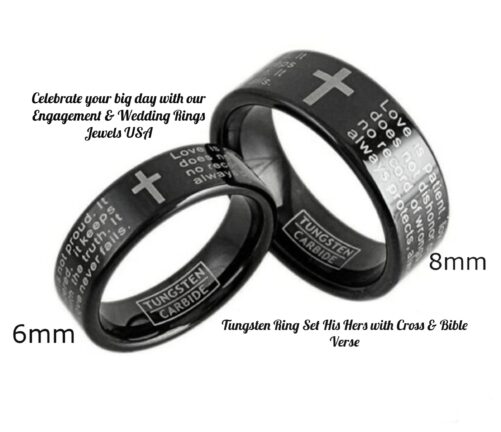 His & Hers Tungsten Bands, Matching Rings Set, Engagement Wedding Cross Bible Verse Bands