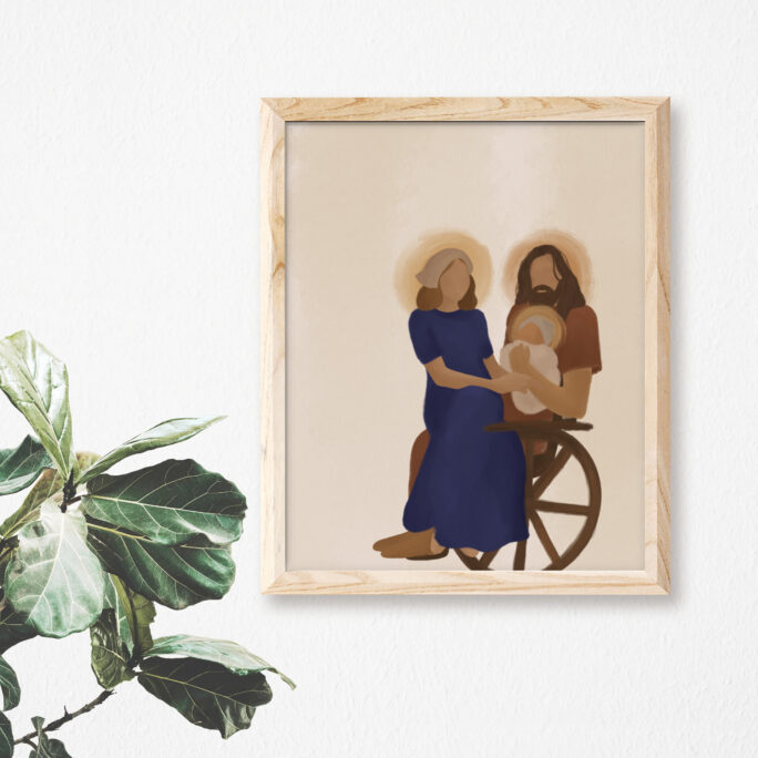Holy Family | Catholic Art Print Saint Joseph Blessed Mother Baby Jesus Wheelchair Artwork Gift For Disabled Father