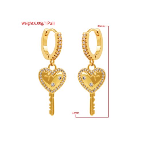 Key Charm Earrings, Micropavé Cz Love Earrings, Heart-Shaped Earrings, Eros Earrings, 18K Gold Filled 12x39mm