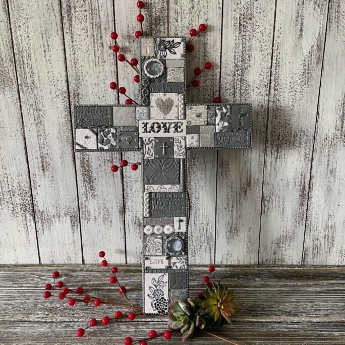 Large Love Mosaic Hanging Cross | Personalized Christian Decor Gray & White Spiritual Art Wedding Gift