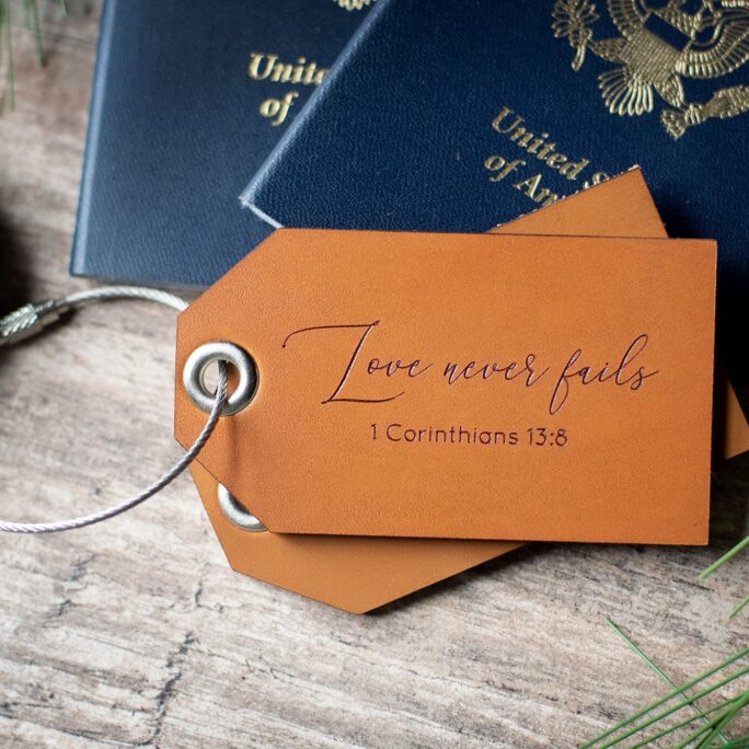 Leather Luggage Tag Personalized, Christian Tag, Custom Travel Gift | Corinthians Quote, Love Never Fails