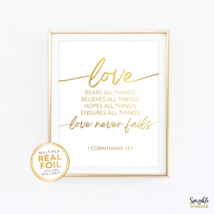 Love Bears All Things, Love Never Fails, 1 Corinthians 137, Gold Foil Wall Art, Bible Verse Marriage Verse, Scripture Art 2