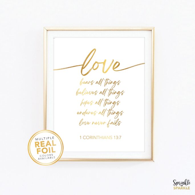 Love Bears All Things, Love Never Fails, 1 Corinthians 137, Gold Foil Wall Art, Bible Verse Marriage Verse, Scripture Art