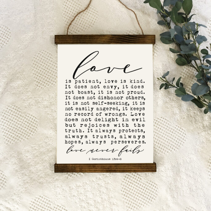 Love Is Patient Hanging Wood Canvas Print, Christian Wall Decor, Framed Sign, Banner