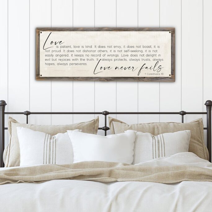 Love Is Patient Is Kind Metal Print Reclaimed Wood Frame-1 Corinthians 13-Over Bed Scripture Wall Decor-Christian Above Couch Art