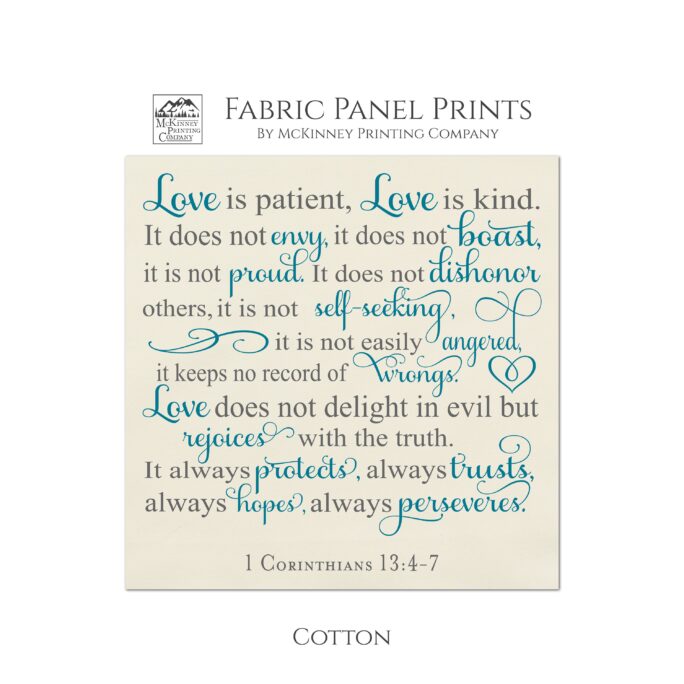 Love Is Patient, Kind, 1 Corinthians 13, 4-7, Bible Verse, Large Print Fabric, Panel, Small, Block Quilting, Quilt