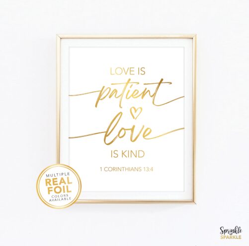 Love Is Patient Kind, 1 Corinthians 13, Gold Foil Wall Art, Bible Quote, Art Home Decor, Christian Art Biblical Verse