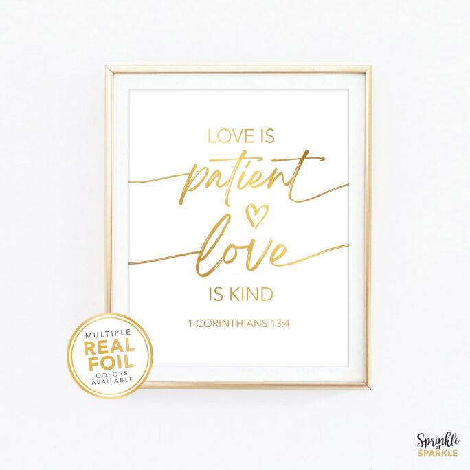 Love Is Patient Kind, 1 Corinthians 13, Gold Foil Wall Art, Bible Quote, Art Home Decor, Christian Art Biblical Verse