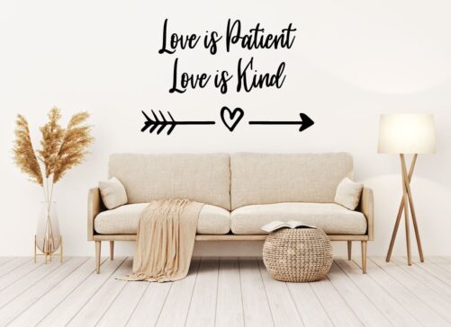 Love Is Patient Kind Inspirational Quote With Arrow- Vinyl Wall Decal - Home Decor For Bedroom, Family Room, Or Nursery Removable