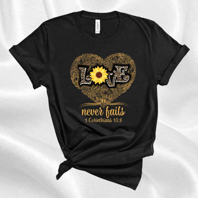 Love Leopard Print With Sunflower T-Shirt | Swirl Heart Valentine Tee Never Fails Christian Bible Verse Shirt