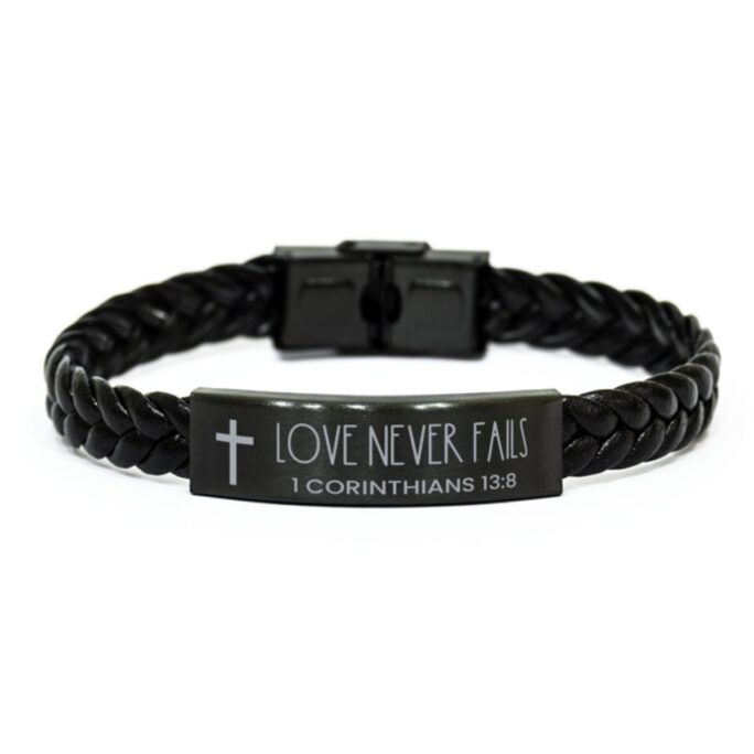 Love Never Fails, 1 Corinthians 138 Bracelet, Bible Verse Christian Dad Gift, Braided Leather Bracelet