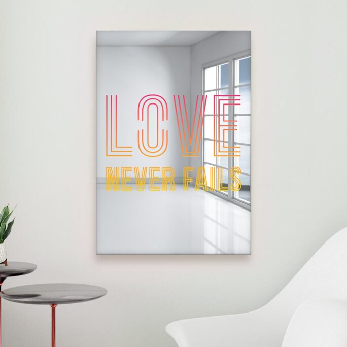 Love Never Fails Acrylic Art, Decorative Wall Mirror, Art Accent Piece, Decor, Cool Dorm Silver + Neon, Meets Mirror