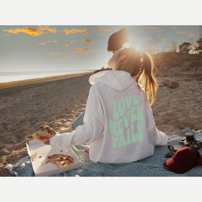 Love Never Fails Hoodie | Positivity Inspirational Aesthetic Beachy Beach