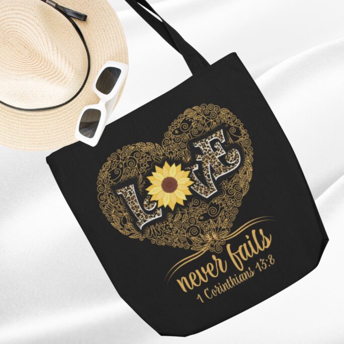 Love Never Fails Leopard Print With Sunflower Tote | Christian Bible Verse Bag Swirl Heart Valentine