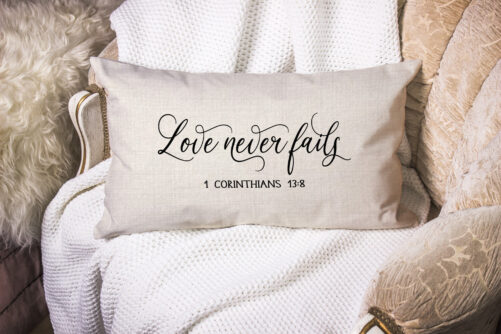 Love Never Fails Pillow, Valentines Wedding Gift, Bridal Shower Home Decor, Farmhouse Decor