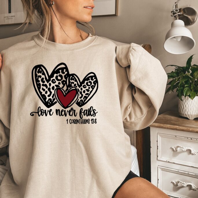 Love Never Fails Shirt, Sweatshirt, Religious Valentines Day Leopard Shirt