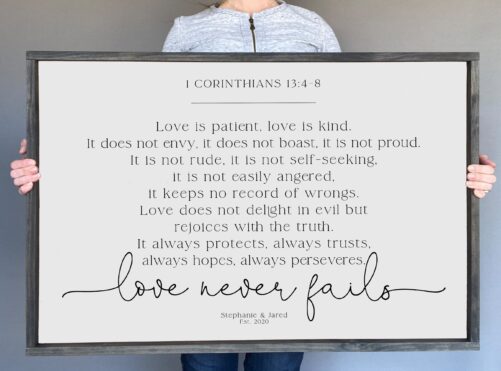 Love Never Fails Sign, Scripture Master Bedroom Decor, 1 Corinthians 13 Love Is Patient Love Kind Modern Farmhouse