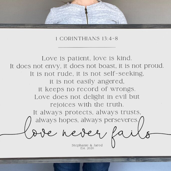Love Never Fails Sign, Scripture Master Bedroom Decor, 1 Corinthians 13 Love Is Patient Love Kind Modern Farmhouse
