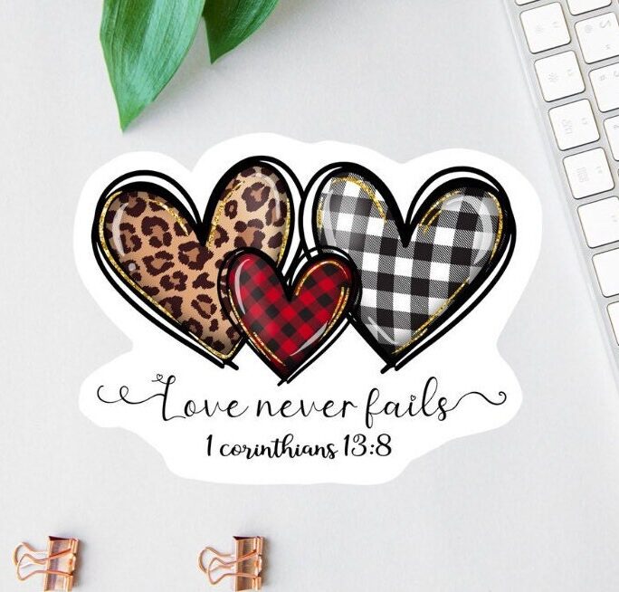 Love Never Fails Sticker, Clear Laptop Water Bottle Label, Bible Sticker Pack, Corinthians Decal, Car Scripture Magnet