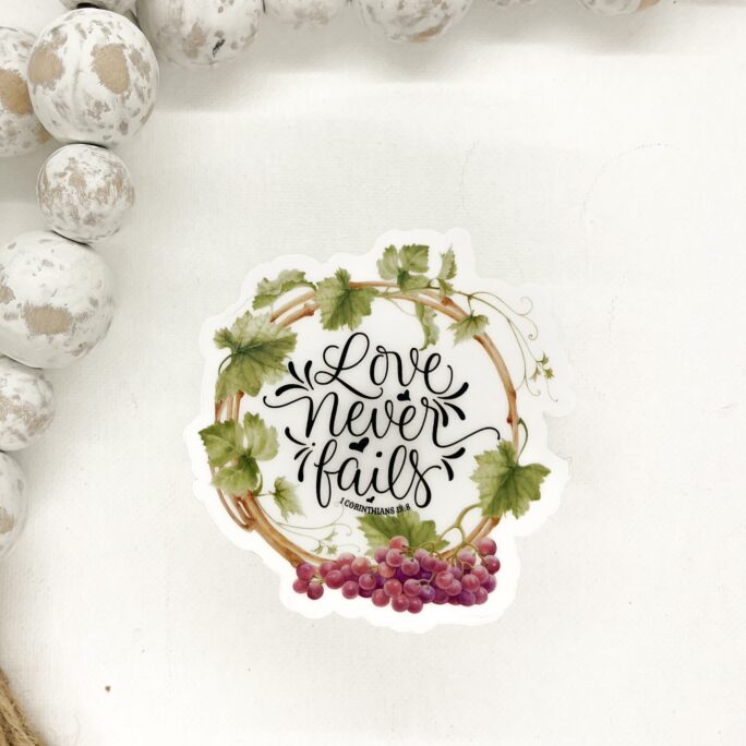Love Never Fails Sticker, Clear Vinyl Decal, Floral Laptop Water Bottle, Journal Car Accessories, Cell Pone Sticker