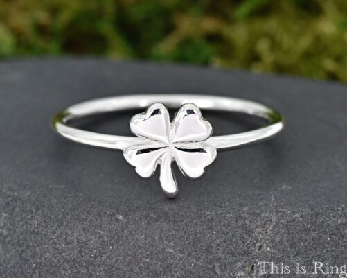 Minimalist High Polished Sterling Silver Four Leaf Clover Solitaire Ring Gift For Friends Faith, Hope, Love, & Luck Symbol Jewelry
