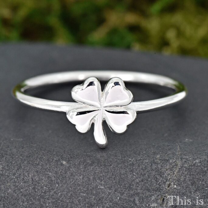 Minimalist High Polished Sterling Silver Four Leaf Clover Solitaire Ring Gift For Friends Faith, Hope, Love, & Luck Symbol Jewelry