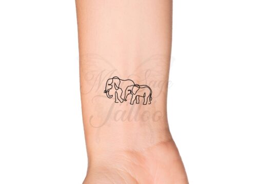 Momma Baby Elephants Single Continuous Line Temporary Tattoo - Family Motherhood Animal Love Elephant