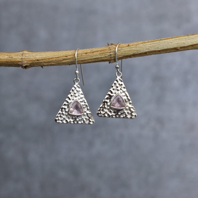 Natural Rose Quartz Earrings Pink Pyramids Dangle Sterling Silver Love Earrings For Her Unique Bridesmaid Gifts