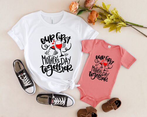 Our First Mothers Day Together Shirt, Matching Mom Daughter Son Outfit, Mommy & Me Tshirts, Cute Funny Alcohol Wine Kids Bottle T-Shirt