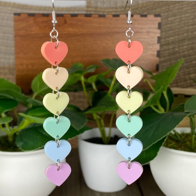 Pastel Rainbow Dangle Hearts Earrings, Dangles, Classy Heart Minimalist Love Earrings