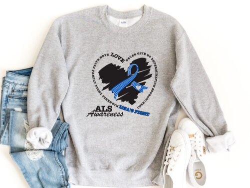 Personalized Als Sweatshirt, Awareness Pullover, Als Ribbon Crewneck Sweat, Warrior Never Give Up Determination Pullover