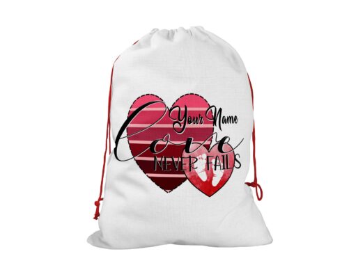 Personalized Gift Wrap Bag Custom Name Love Never Fails Hearts & Footprints Miscarriage Infertility Awareness Santa Sack