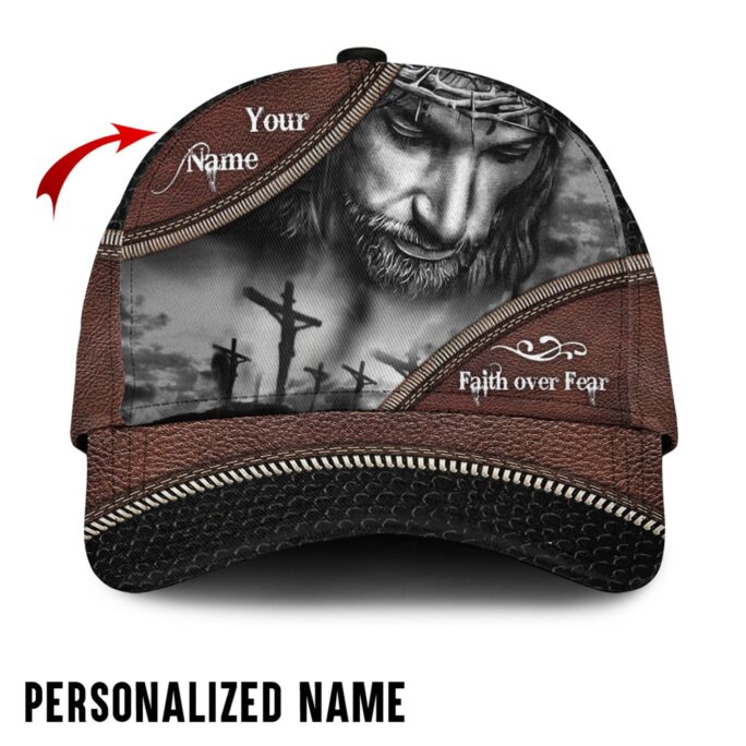 Personalized Name Jesus Cap, Faith Over Fear Cross Gift, Christian Hat, Gift, Painting Hat