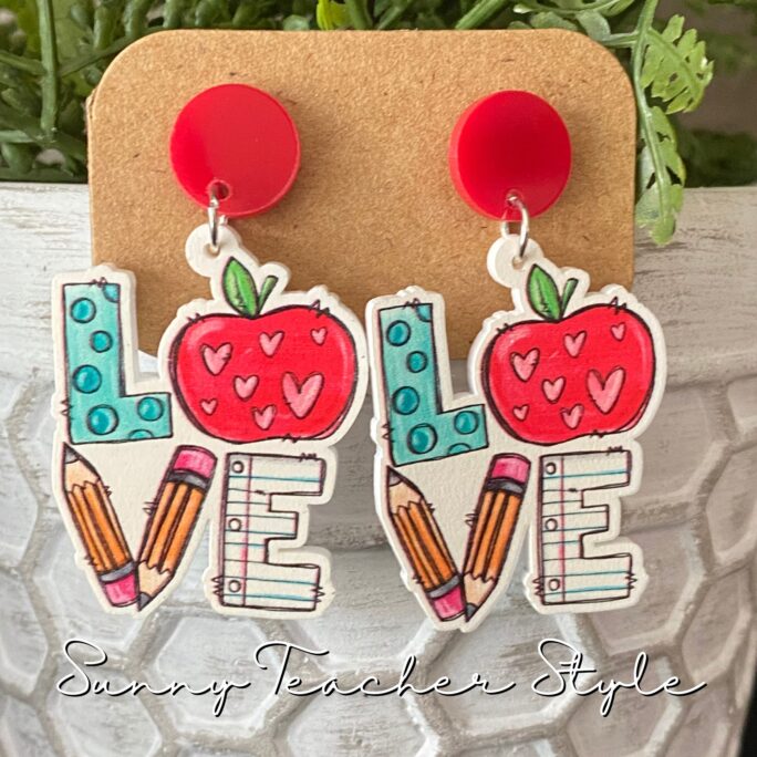 Sale Valentine Love Earrings, Teacher Gifts, Valentine's Cute Paper Pencil Apple Kindness