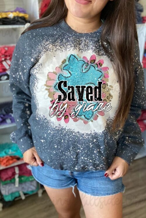 Saved By Grace Teal CrossBleached Crewneck Sweatshirt