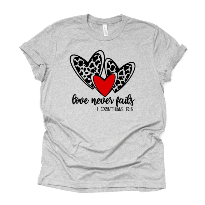 Valentine Tee, Christian Love Never Fails, 1 Corinthians Design On Premium Cotton Unisex Shirt, Plus Sizes, 2x, 3x, 4x