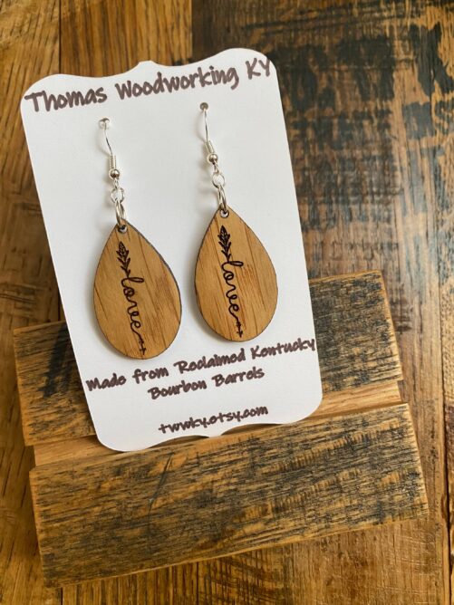 Wood Love Earrings Made From Reclaimed Kentucky Bourbon Barrels. Gifts For Her