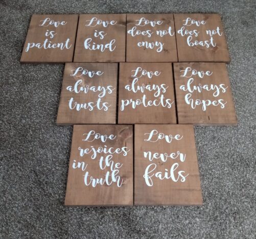 1 Corinthians 13 Wood Wedding Aisle Signs, Set Of 9, Love Is Patient, Kind, Never Fails Does Not Envy 12x16