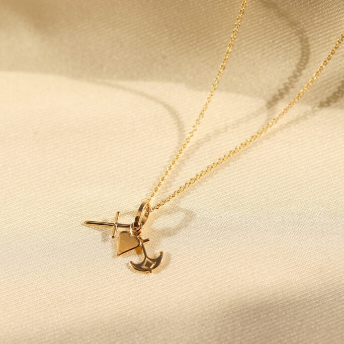 14K Gold Faith Hope Love Necklace, Sympathy Gift, Heart Anchor Cross Necklace