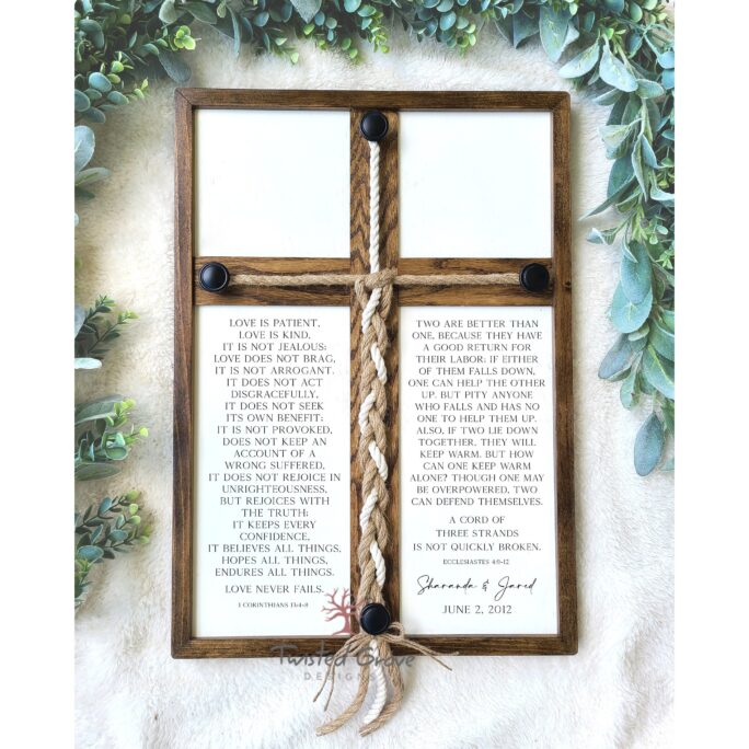 Corinthians Love Is Patient, Kind | A Cord Of Three Strands Unity Ceremony Braided Cross Sign, Non Traditional Idea