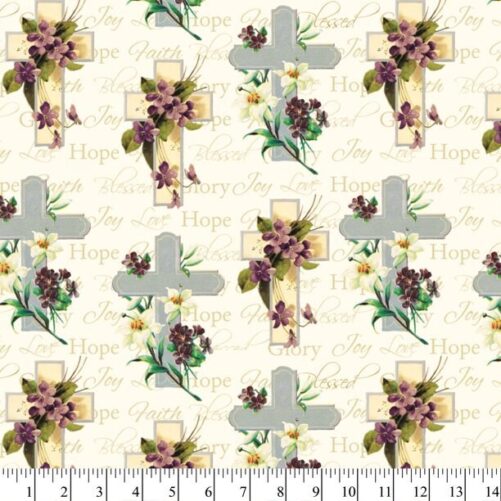 Crosses & Flowers Fabric, 100% Cotton, Christian Fabric By The Yard, Choose Your Cut