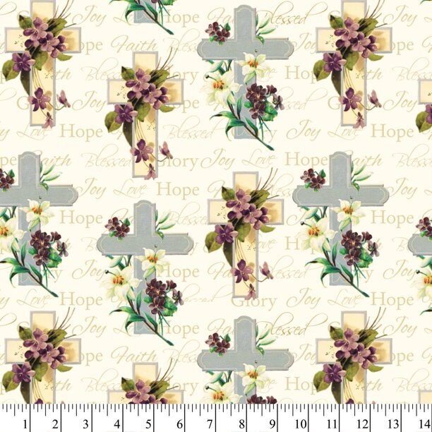 Crosses & Flowers Fabric, 100% Cotton, Christian Fabric By The Yard, Choose Your Cut