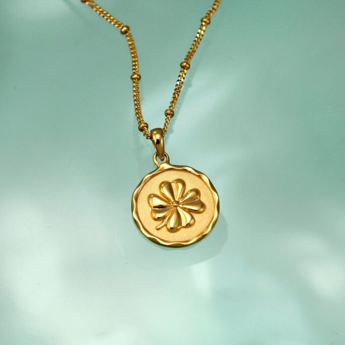 Four Leaf Clover Pendant Necklace, Lucky Shamrock 18K Gold Vermeil, Personalised Birthstone Available