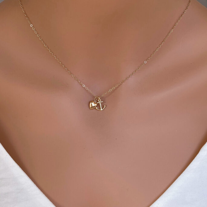 Gold Anchor Necklace - Tiny 14K Solid Heart & in Pendent- Faith Hope Love Navy Wife Gift