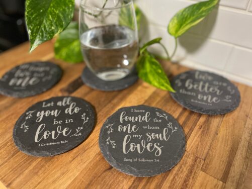 Set Of Four Slate Coasters. Love Bible Verses. 1 Corinthians, Mark, Ecclesiastes, Song Solomon. Christian Gift For Her, Valentine's Day