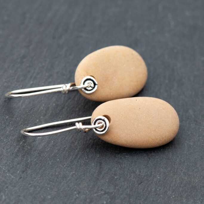 Tan Beach Pebble Earrings, Minimalist Stone 925 Sterling Silver French Ear Wires, Simple Lover Earrings